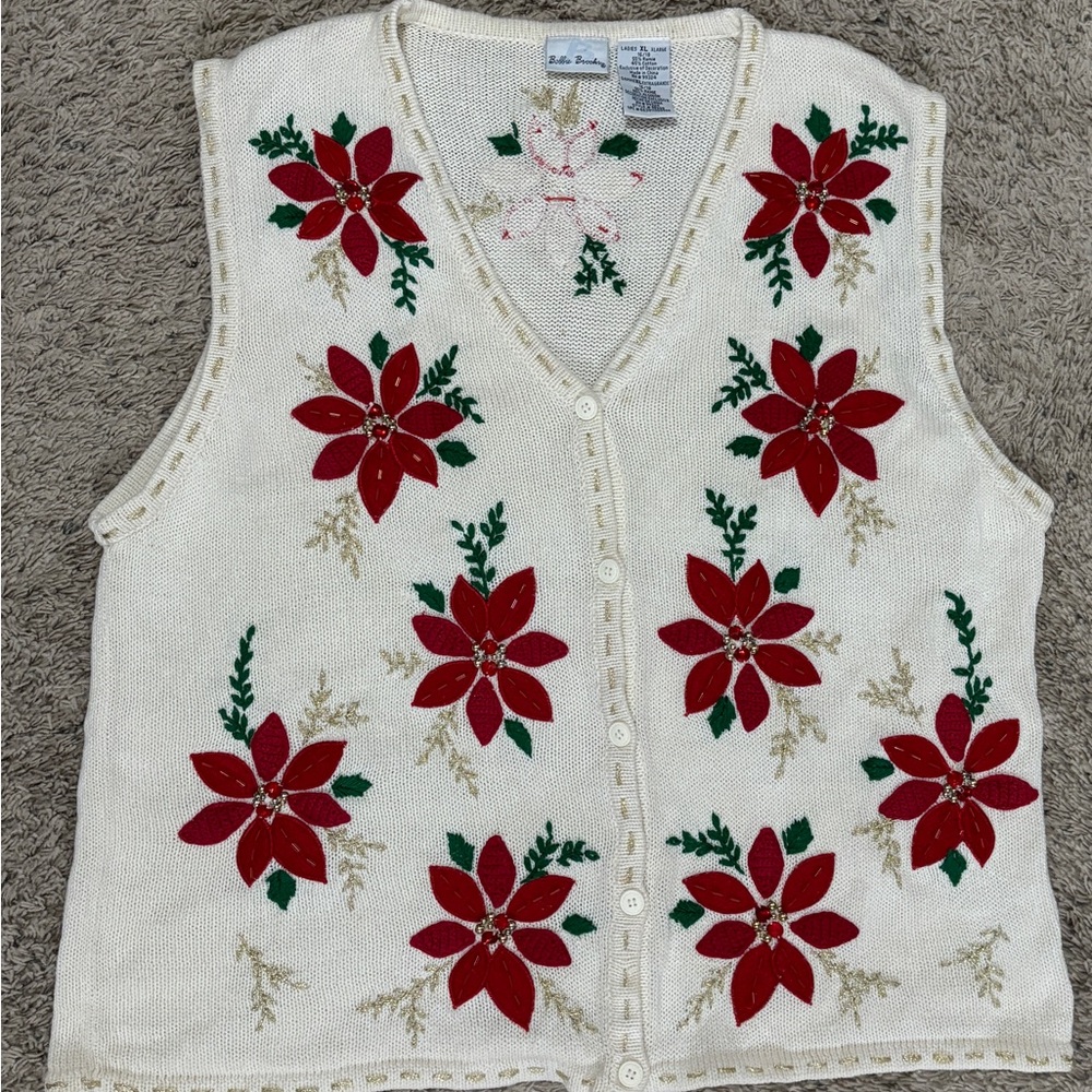 Vtg XL Bobbie Brooks Cream Poinsettia Knit Embroidered Vest Bead Grandmacore